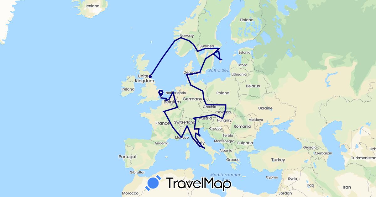 TravelMap itinerary: driving in Austria, Belgium, Switzerland, Czech Republic, Germany, Denmark, France, United Kingdom, Hungary, Italy, Luxembourg, Netherlands, Norway, Poland, Sweden, Slovakia (Europe)